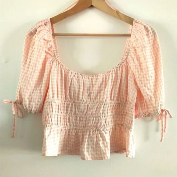 2/100🥑NWT Anthropologie Square-neck Gingham Milk-maid Top Puff Sleeve Baby Pink - Picture 6 of 16